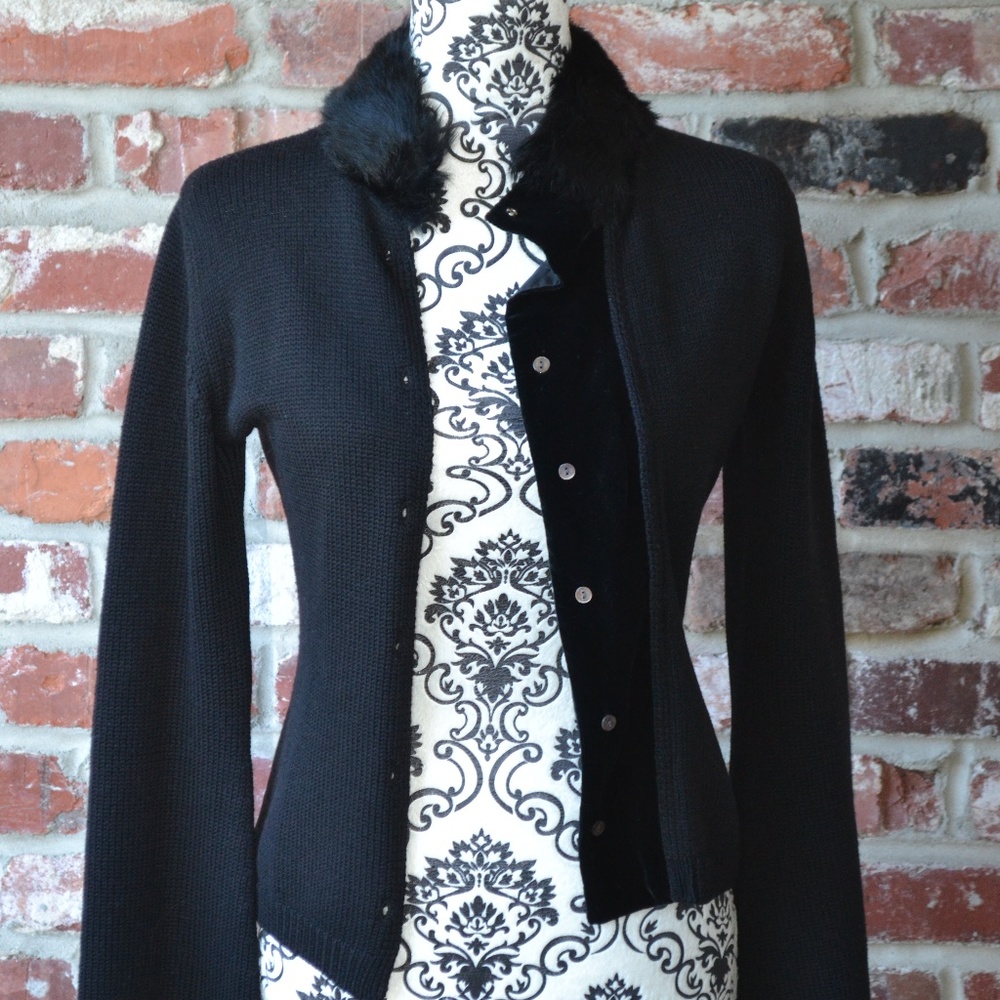 Designer Black Cardigan with Rabbit Hair Collar